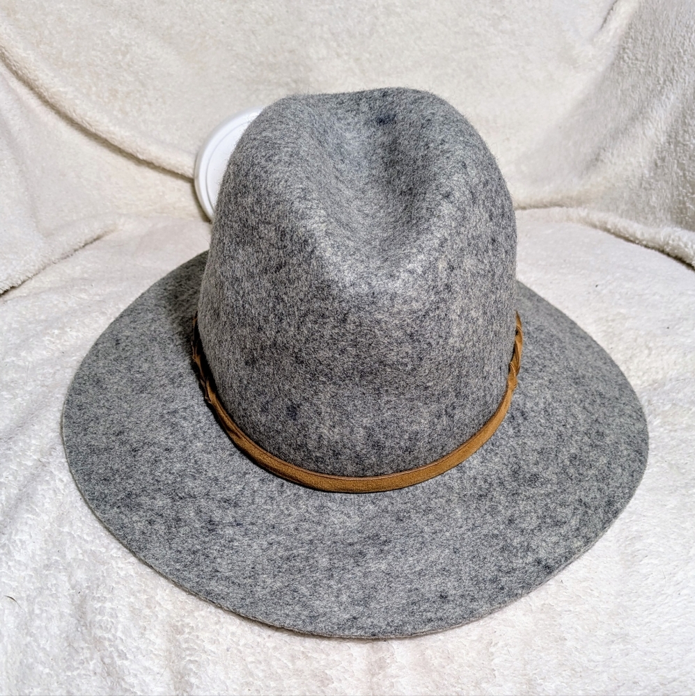 Women's Heather Gray Wool Winter Boho Floppy Hat W/Faux Leather Detail